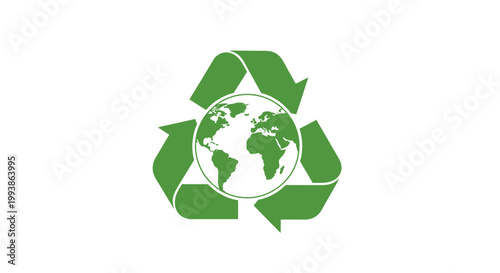 Green recycling symbol with planet Earth inside.