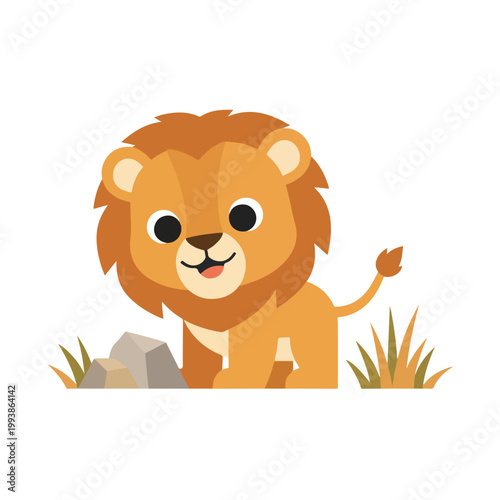 A cute cartoon lion cub with a fluffy brown mane stands cheerfully amidst small rocks and tufts of grass on a plain white background.