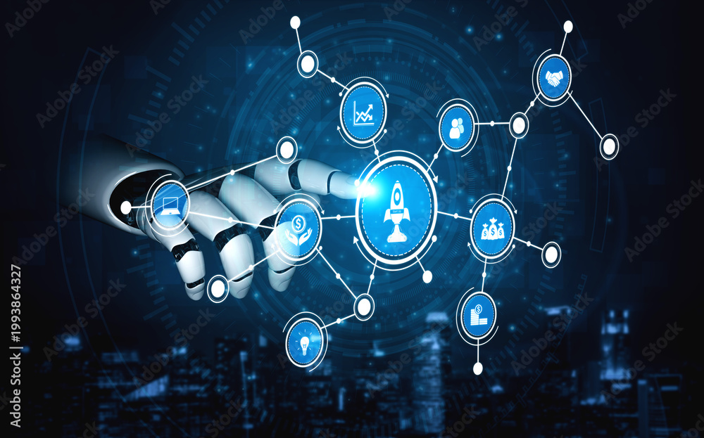 Fototapeta premium A futuristic robotic hand interacts with a glowing digital interface filled with various icons, symbolizing technology and connectivity in a modern urban setting. Tessel