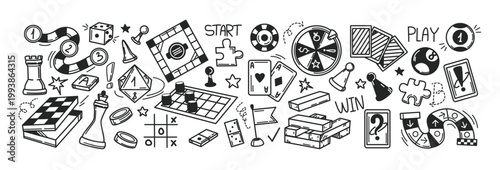 Board games doodles set hand drawn vector illustration sketch icons of cards dice and pawns checkers