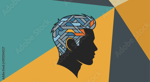 Abstract geometric pattern fills the hair of a man's head silhouette against a colorful triangular background, symbolizing complex thought.