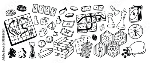 Board games doodles set hand drawn vector illustration sketch icons of cards dice and pawns checkers