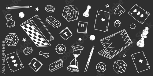 Board games doodles set hand drawn vector illustration sketch icons of cards dice and pawns checkers