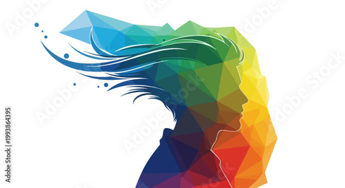A vibrant, multi-colored geometric silhouette of a person's head with flowing hair, representing creativity and abstract thought.