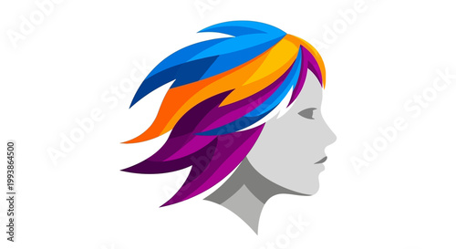 Stylized profile of a woman's head with vibrant, multi-colored, angular hair on a clean white background, representing creativity and diversity.