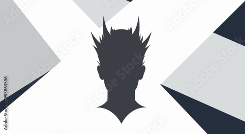 Abstract silhouette of a spiky-haired head, possibly a devil or punk figure, against a geometric background.