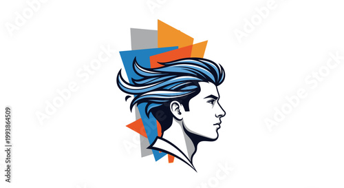 Stylized profile illustration of a man with blue wavy hair and abstract geometric shapes in the background.