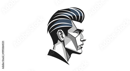 Stylized geometric profile illustration of a man's head with a classic pompadour hairstyle, rendered in black, white, and grey tones.
