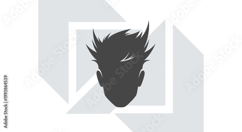 Minimalist graphic illustration of a male head silhouette with spiky hair, set against a light geometric background.