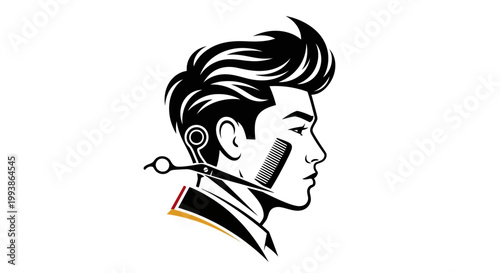 Stylized profile illustration of a man with a modern haircut, featuring barber tools like scissors and a comb, ideal for a barbershop logo or hair salon branding.