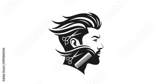 Stylish black and white barber shop logo featuring a man's profile with modern haircut, beard, scissors, and comb.