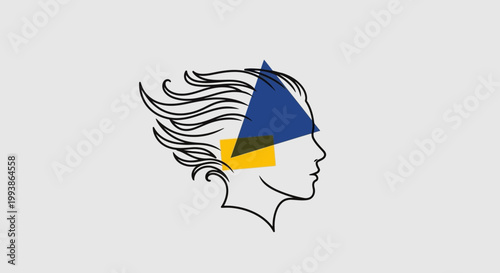 Stylized line art profile of a woman's head with flowing hair, partially obscured by a blue triangle and yellow rectangle, on a light grey background.