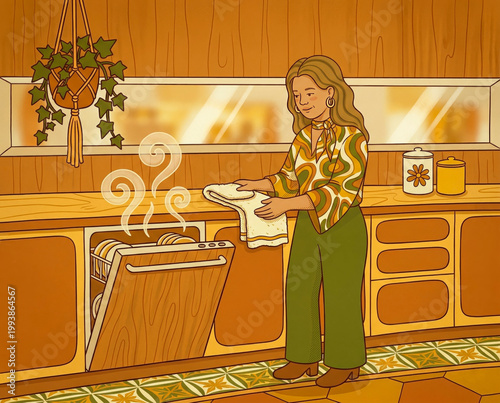 House cleaning and tidying concept, young woman loading dishwasher in warm retro kitchen, flat illustration for housekeeping service, blog, poster, banner and web design