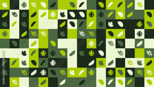 Abstract Leaf Grid Pattern with Green and Dark Geometric Shapes