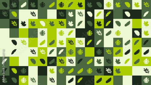 Abstract Leaf Grid Pattern with Green and Dark Geometric Shapes