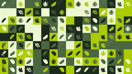 Abstract Leaf Grid Pattern with Green and Dark Geometric Shapes