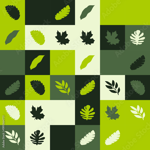 Abstract Leaf Grid Pattern with Green and Dark Geometric Shapes