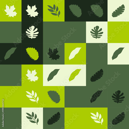 Abstract Leaf Grid Pattern with Green and Dark Geometric Shapes