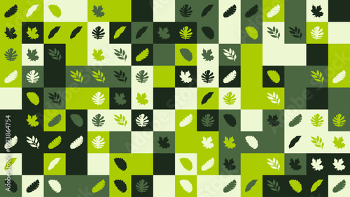 Abstract Leaf Grid Pattern with Green and Dark Geometric Shapes