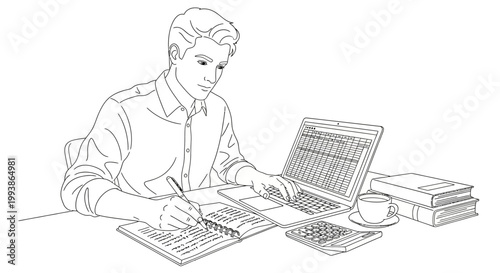 Man working at desk with laptop and documents.
