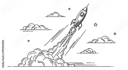 Rocket launch into space with smoke and stars.