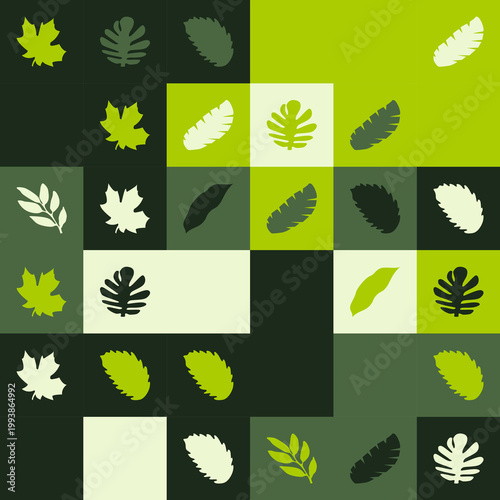 Abstract Leaf Grid Pattern with Green and Dark Geometric Shapes