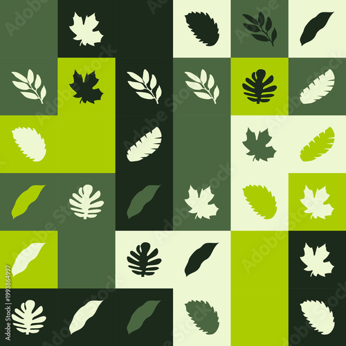 Abstract Leaf Grid Pattern with Green and Dark Geometric Shapes