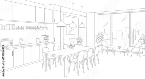 Modern kitchen and dining area with large windows and stylish furniture.