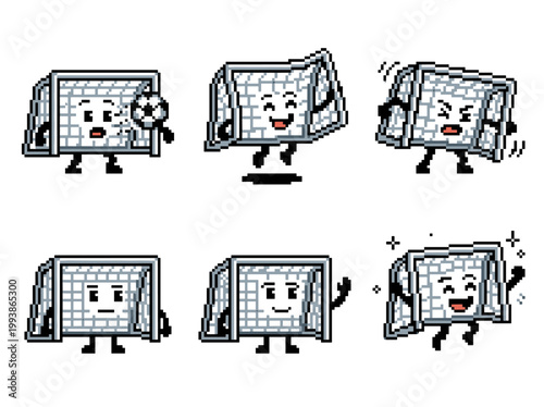 Pixel art soccer goal character sprite sheet with six poses