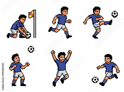 Pixel art soccer player sprite sheet with six actions