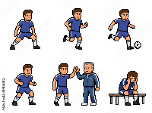 Pixel art soccer player sprite sheet with six poses