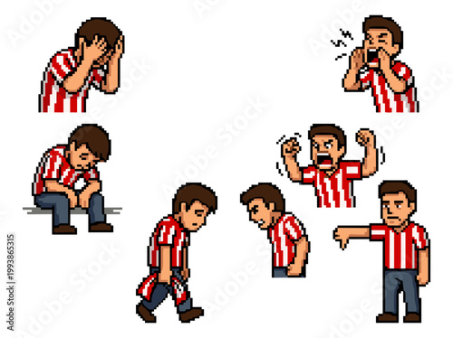 Pixel art soccer fan in six different disappointed poses