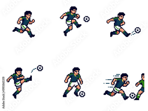 Pixel art soccer player sprite sheet with six actions
