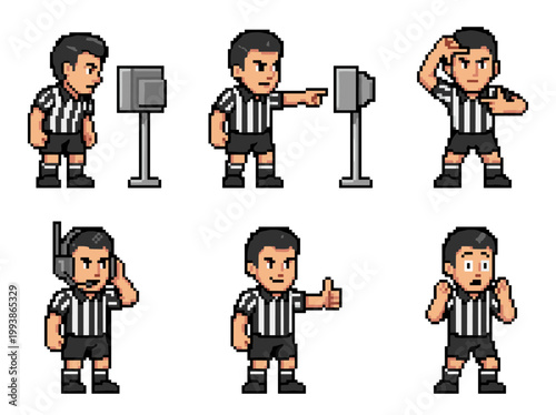 Pixel art VAR referee sprite sheet with six poses
