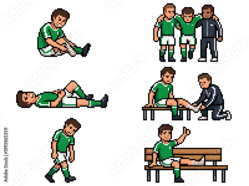 Pixel art injured soccer player in six poses, 8-bit style