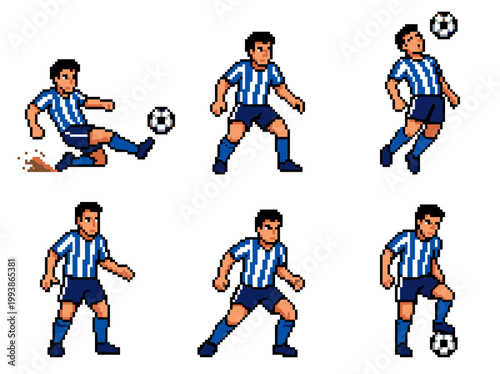 Pixel art soccer player sprite sheet with six poses