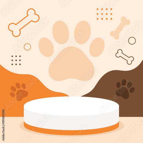 Pet product podium background, dog paw print and bone vector illustration, animal shop showcase stage with copy space