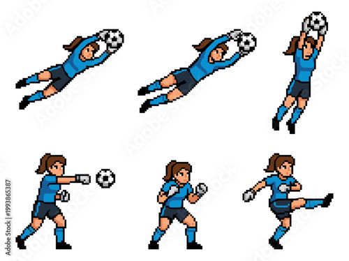 Pixel art female soccer goalkeeper sprite sheet with six actions