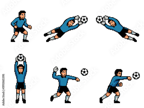 Pixel art soccer goalkeeper with six action poses