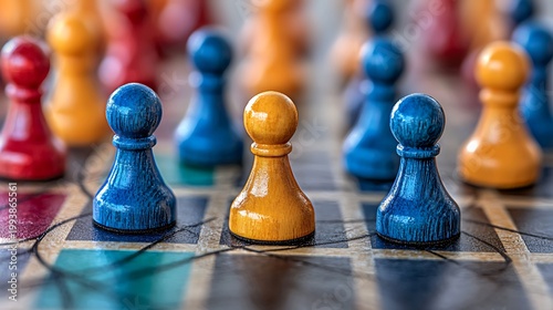 Strategy in Play: A detailed overhead shot of a game board showcases colorful game pieces, evoking a sense of strategic thinking and competitive dynamics.