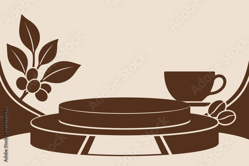 Vintage coffee podium vector, brown product display stand with cup and beans, cafe advertisement background template