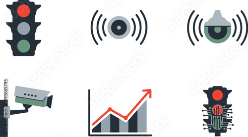 Surveillance and traffic monitoring systems are shown with analytic charts.
