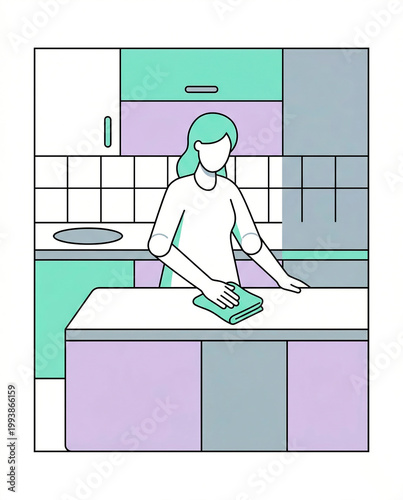 House cleaning and tidying concept, woman wiping kitchen countertop with cloth, flat line art illustration for cleaning service, manual, infographic, poster and web design