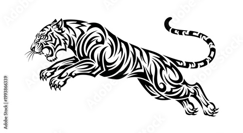 Black and white tiger jumping forward.