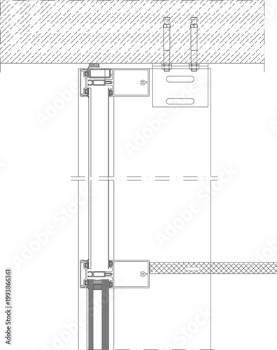 Technical architectural cross-section detail of a sliding door frame showing the top track mechanism, aluminum profile, and connection to the overhead concrete structure.
