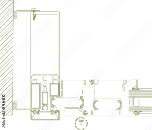Technical architectural cross-section of a sliding door system featuring aluminum profiles, bottom rollers, tracks, seals, and wall connection detail.