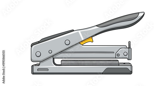 A silver stapler with a yellow lever on a white background.