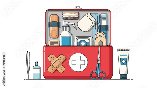 Open first aid kit with medical supplies inside and outside.