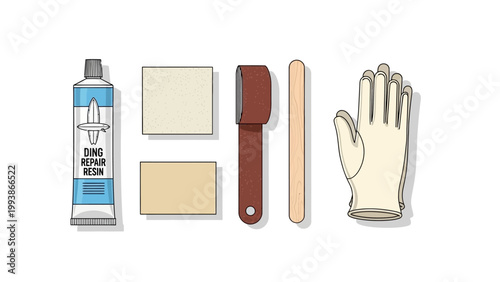 Surfboard repair kit with resin, sandpaper, and gloves