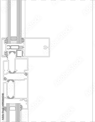 Technical architectural detail section showing a vertical cross-section of a complex aluminum window or sliding door frame system with extruded profiles, seals, and locking hardware.
